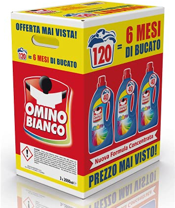 Omino Bianco - Lessive liquide Color+, spécifique pour les vêtements colorés, technologie Sauve les couleurs et capture le gris, 120 lavages, 2000 ml x 3 paquets