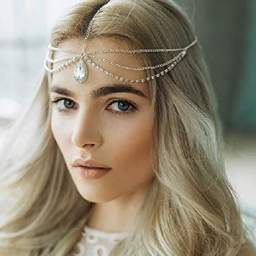 TseenYi Boho haarkette kristall anhänger kopf kette schichtung strass stein quaste prinzessin kette schmuck für frauen und mädchen hochzeit valentinstag's Tag (Silber)