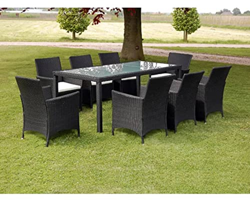 Gecheer 9-TLG. Garten Essgruppe, Terrassenmöbel Set 8 Personen, Sitzgruppe Esstisch mit Glas-Tischplatte & 8 Rattan-Stühle mit Sitzkissen, Gartenmöbel Set Schwarz
