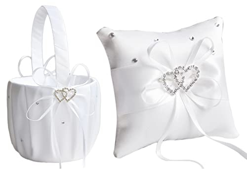 WERTSWF Wedding Ring Bearer Pillow and Flower Girl Basket, Rhinestone White Satin Petals Basket Ring Cushion for Proposal,Engagement Ceremony