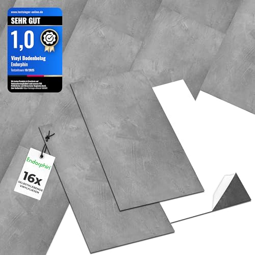 PVC Bodenbelag in Hellgrau - Vinylboden mit Betoneffekt - Selbstklebender Holzboden aus recyceltem Material - 60,96 x 30,48 x 0,2cm - 16 Stück für circa 2,97qm - Klebefliesen