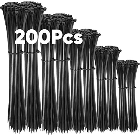 200 Stück Kabelbinder Schwarz Set,100/150/200/300 mm(je 50 Stück),Highwings Nylon Verschiedene Größen Super Haltbar Selbsthemmend Kabelbinder für Kabelmanagement,Gartenarbeit,Wohnen,Werkstätten