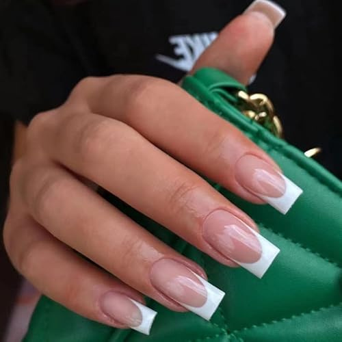 24 Stück Press on Nails Kurz, Nude French Künstliche Nägel mit Designs, Glossy White French Fake Nails Kurz mit Nagelkleber, Acryl Nägel Zum Aufkleben für Frauen und Mädchen