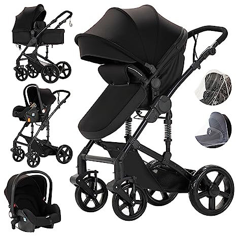 MoLi Kinderwagen 3 in 1, Kinderwagen mit Umkehrbarem Doppelschiebemodus, Buggy mit Großer Bequemer Babywanne, Kombikinderwagen 3 in 1 Rahmen Aluminiumlegierung Faltbar Hohe Landschaft (588 Black New)