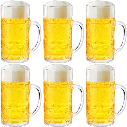 Suclain 6 Pcs Clear Plastic Beer Mugs with Handles,34 oz Large Dimpled Reusable Cups Classic Plastic Coffee Mugs for Beer, Whiskey, Juice, Coffee, Tea & Cocktail