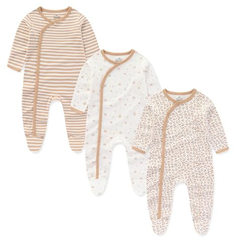 Ecojoy Body en manches longues pour bébé avec pieds, vêtement de nuit pour nourrisson, taille de naissance à 12 mois, col oblique/droit, en coton doux, lot de 3, kaki, 0-3 mois