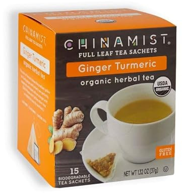 China Mist Full Leaf Tea Sachets, Ginger Turmeric Organic Herbal Tea, 15 Biodegradeable Tea Sachets