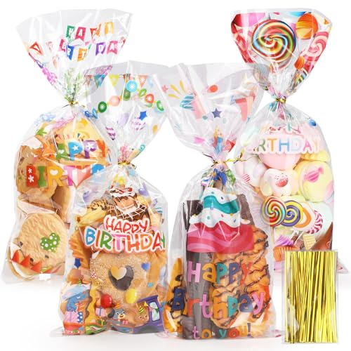 Bigqin 100 Stück Zellophantüten Geburtstag, Süßigkeiten Tüten Transparent Geschenktüten Plastik, Happy Birthday Verpackungstüten mit 120 Twist Krawatten für Kinder Partyzubehör - 27 x 12,5 cm