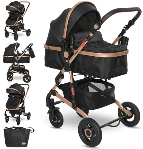 Lorelli Kinderwagen Alba 2 in 1 mit Federung, Umwandelbar in Sportsitz, Baby Kombikinderwagen bis 15kg, Zusammenklappbar, Große Gummireifen, Großer Einkaufskorb, Organizer Tasche, Schwarz