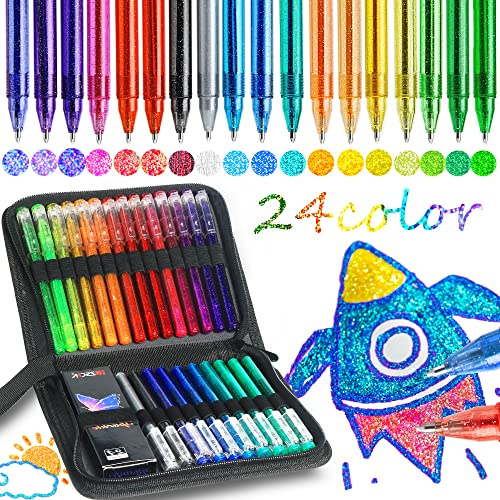ZSCM - Set di 48 penne gel glitterate metallizzate, 24 colori con 24 ricariche per penne glitterate in sacchetto di tela, per adulti, libri da colorare, disegnare, artigianato, album di ritagli, diari