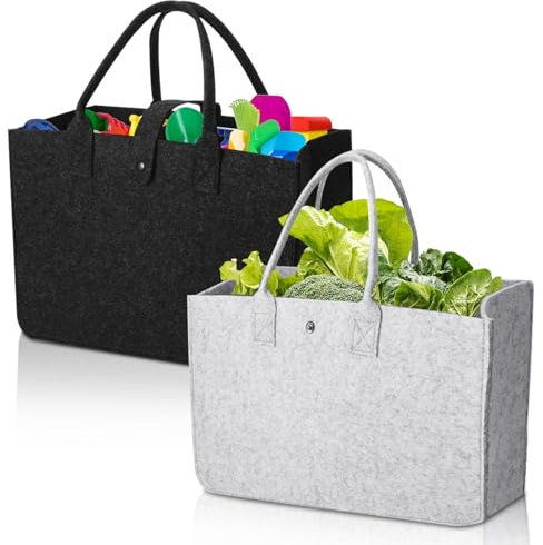 WEGREAT Faltbar Filztaschen Shopper: 2 Stück Filztasche Einkaufstasche, 30x20x18cm Filz Henkeltasche, Filz Einkaufstasche mit Henkel, Tragetasche Shopping Bag für Ausgehen, Aufbewahrung(Schwarz, Grau)