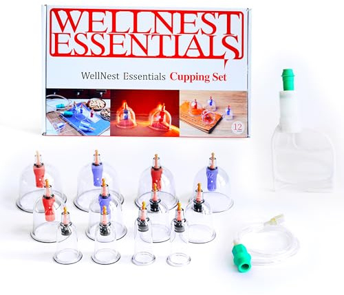 WellNest Essentials Set di coppettazione per terapia di massaggio, 12 tazze, set professionale per coppettazione cinese, per ridurre la cellulite, sollievo dal dolore muscolare, con pompa manuale
