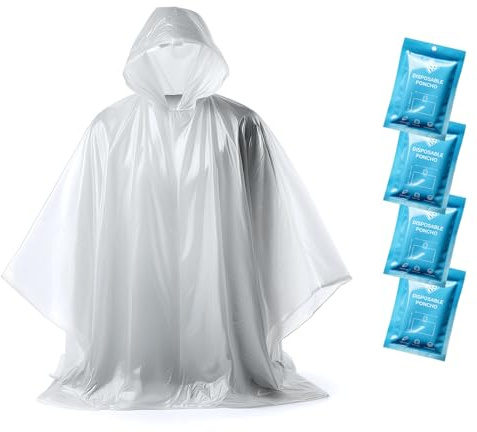 ZENO Poncho Pluie Imperméable Jetable - Cape de Pluie Femme Homme - Poncho Transparent avec Capuche - Poncho de Pluie Adulte - Poncho Pluie Imperméable Femme pour Festival Vélo Randonée - Pack de 4