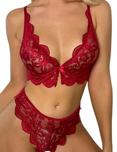 PARUPRUP Lace Bow Lingerie Set Women Sexy Underwear See-Through Bra and Knickers Set Hot Lady Nightwear Thin Cup Breathable Hollow Bra and Brief Set (Red, M)