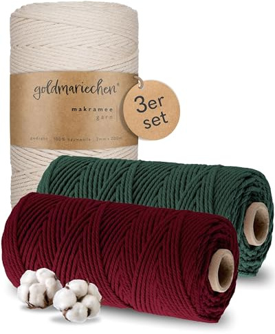 goldmariechen - Makramee Garn 3er Set 3mm (Naturell 200m, Burgunder 100m, Tannengrün 100m) 100% Baumwollgarn für DIY Wandteppich, Traumfänger, Blumenampel, Wandbehang, Schlüsselanhänger, Wimpelkette