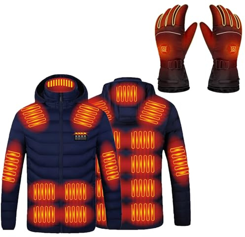 Heated Down Jacket with Heating Gloves UK Sale Clearance, Men Women Hooded Heated Coat 19 Heating Zones USB Electric Body Warmer Outerwear Waterproof Windproof Coats Set for Winter Camping Skiing