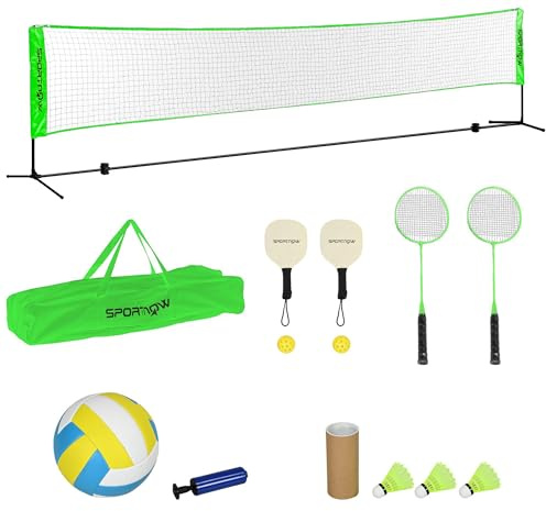 SPORTNOW Set de Bádminton de 7 Piezas Juego de Bádminton con 2 Raquetas de Bádminton 3 Bádminton 2 Raquetas de Pickleball 2 Pickleball Pelota de Voleibol y Red con Soporte Negro y Verde