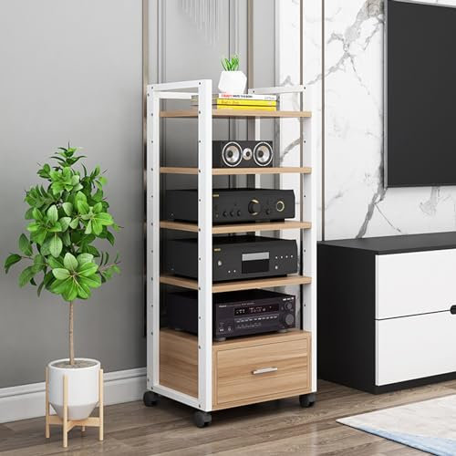 5-Tier Movable Audio Tower AV Media Stand CD Player Stand Stereo Component Storage Cabinet and Open Media Center with Height Adjustable Wooden Shelf a(A-60X40X120CM)