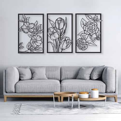 QUMENEY 3 pezzi nero metallo fiore decorazione da parete decorazione da parete decorazione floreale Art Line Hanging ferro scultura da parete per casa camera da letto ufficio cucina soggiorno