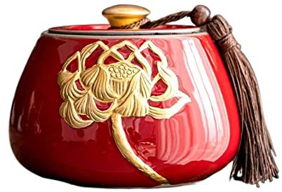 Teedose Kanister Keramik-Tee-Aufbewahrungsbehälter mit goldenem Lotus-Muster und Quasten-Dekoration, Vintage-Teedose im chinesischen Stil, Teeblätter, Verschlussdose, Aufbewahrungsdose for Schokolade,