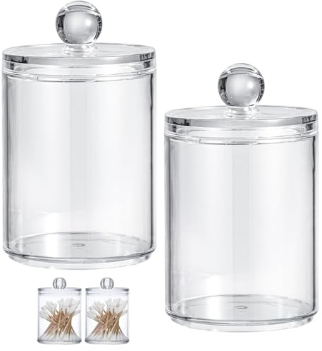 Jorzer 2Pcs Cotton Round Holder 4x3in Clear Portable Dustproof Acrylic Cotton Pad Holder with Lid Bathroom Vanity Countertop Canister Storage Organizer for Swabs, Pads, Floss