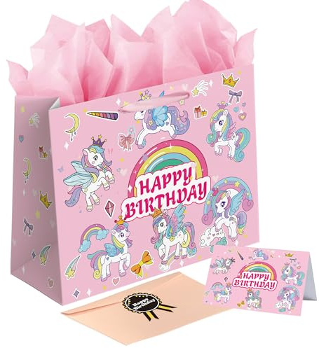 Sumerk Regenbogen Geschenktüte zum Geburtstag mit Seidenpapier, Grußkarte, Umschlag und Aufklebern – rosa Geschenkverpackungstüte zum Geburtstag