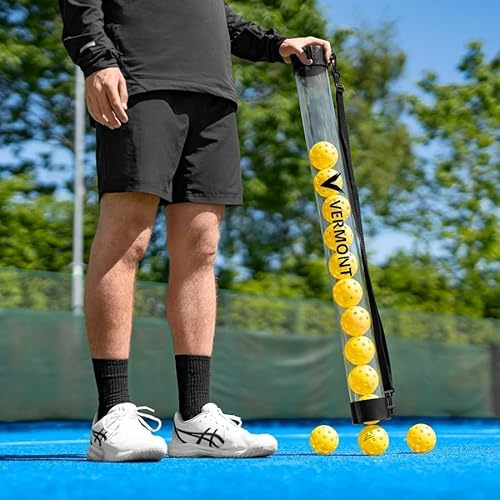 FORZA Vermont Tube Ramasse-Balles de Pickleball | Ramasseur de Balles avec Sangle Réglable et Entrée en Caoutchouc | Capacité de 13 Balles | Tube en PVC Transparent et Résistant