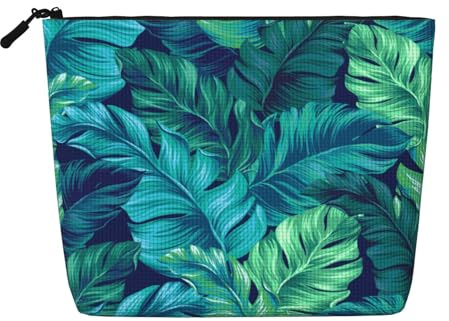 Water-Resistant Cosmetic Pouch Organizer for Women Travel, Makeup Bag with Zipper, Lightweight Daily Essentials Pouch for Toiletries Art Supplies Storage, Tropical Palm Leaves Fake Hemp Makeup Bag