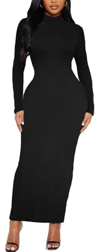 Women's Long Sleeve Bodycon Dress Maxi Mock Neck Fall Winter Casual Club Party T Shirts Tight Dresses, Black, L