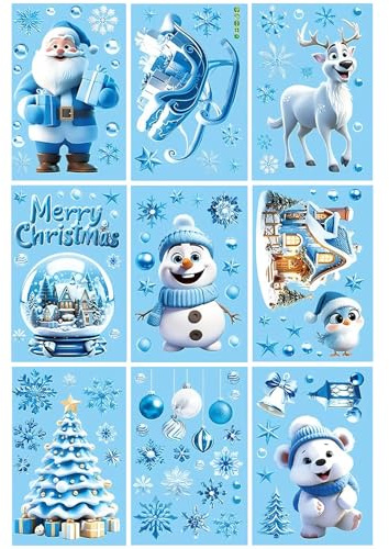 9 fogli 20 x 30 cm, grandi adesivi per finestre di Natale, decorazione natalizia, decorazione per finestre, Babbo Natale, slitta, pupazzo di neve, albero di Natale, fiocchi di neve, blu