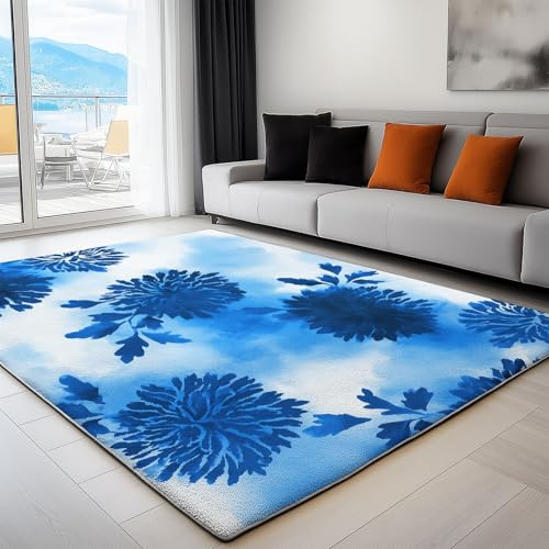 Alfombra Cuarto del bebé 120 x 180cm Crisantemo azul marino copos de nieve Alfombras Habitacion Antideslizante Lavable Lavadora Moderna Carpete Dormitorio Sala Comedor Pie Cama Pelo Corto Carpet
