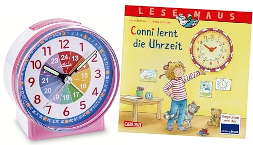 Atlanta Kinderwecker ohne Ticken mit Lernbuch Conni Uhrzeit Lernen - 2126/1 BU2 (Rosa Lesemaus)