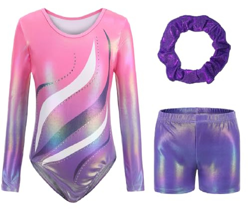 Sinooem Dreiteilige Gymnastikanzüge Für Mädchen Langärmelig Gymnastik Trikot Set mit Shorts und Haarband, Gymnastik Outfit Glitzernde Schmetterlinge für 5-12 Jahre