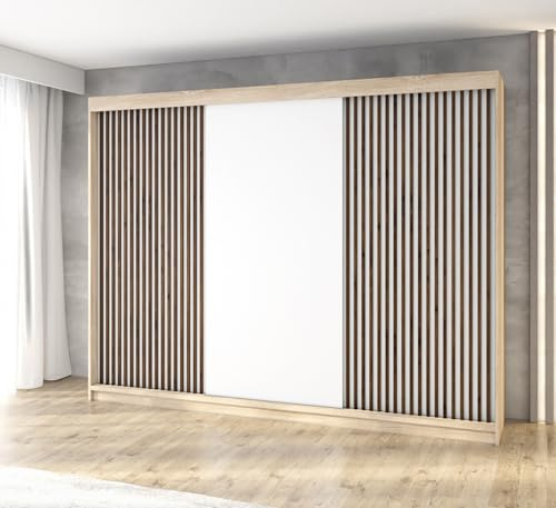 A&J MöbelLand Schwebetürenschrank IOSA Kleiderschrank 3-türig mit 4 Schubladen & 3D Lamellen, Garderobe 200 cm (Sonoma/Weiß/Weiß/Weiß)