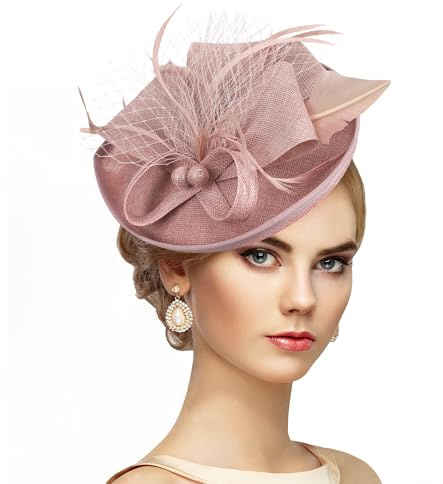 Damen Fascinator Kopfschmuck Karneval Haarreif Fasching Tea Party Hutte Frauen Rosa mit abnehmbarer Kopfband Feder und Polyester
