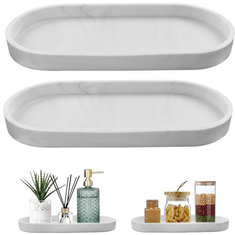 XIATIAN 2 Stück Badezimmer Tablett, Dekotablett (Marmor Weiß, 25x11x 2 cm) | Silikon Marmor Tabletts, Platz Sparen, Leicht zu Reinigen, für Waschtisch Badewanne Küchenspüle und Toilette