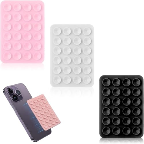 3 Pack Silicone Double Sided Phone Suction Pad Sticky Holder 24 Suction Cups Hands Free Anti Slip Mobile Case Mount for Gym Mirror Wall Glass Car Dashboard Kitchen Selfies Videos, Black White Pink