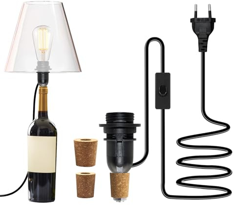 Lampenfassung fur Flaschen, Eleganter Flaschenadapter Lampe E14 mit Schalter, Schwarzes Flaschen-Lampenfuß-Set Lampenfub DIY Kit mit Euro Stecker inkl 3 Arten Bung für Tischlampe