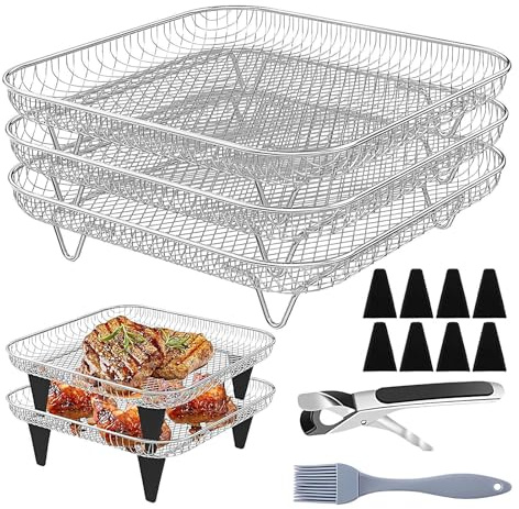 Support carré pour friteuse à air – Panier de séchage 20 x 20 cm, cadre antiadhésif en acier inoxydable, support empilable de 13 pièces avec couvre-pieds en silicone | Cuisine pour four, grillades et
