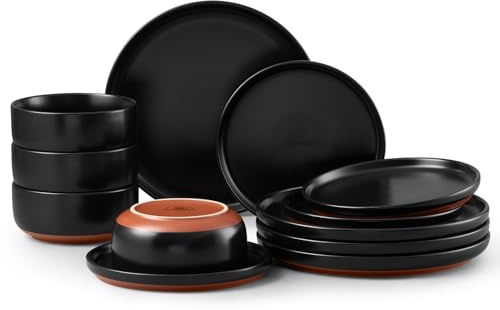 Homikit 12-Piece Dinner Stoneware Set Service for 4 People, Matte Black | Reactive Glaze Plates and Bowls Set with Rustic Terracotta Bottom, Non-Toxic & Non-Scratch, Microwave and Dishwasher Safe
