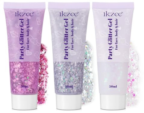 Body Glitter Gel, Glitzer Gesicht Gel 50ml, Wasserfest & Langlebig Glitter | Schminke für Festival Party, Glitzer Set Make Up für Haare/Körper/Nagel