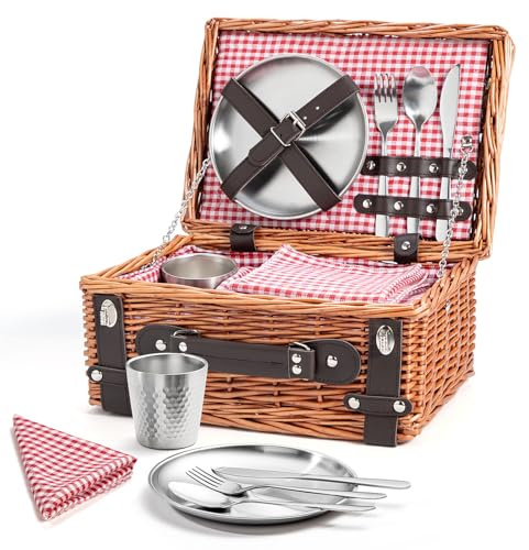 Weiden-Picknickkorb für 2 Personen, Weidenkorb mit Wasserfester Picknickdecke und Besteckset, Picknickkorb für Camping, Outdoor, Valentinstag, Weihnachten, Geburtstag, Hochzeit