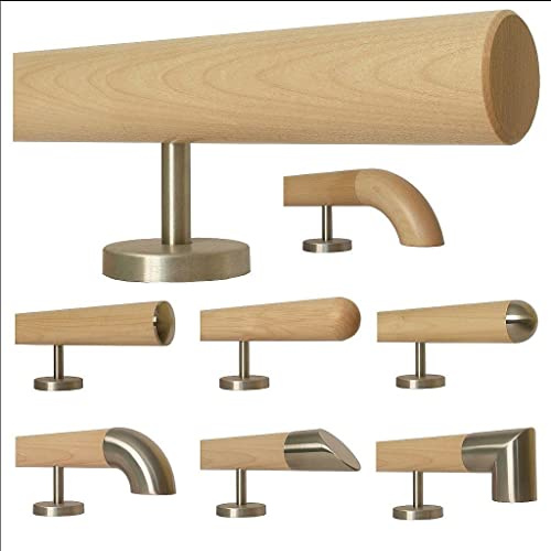 TIBU Madera de arce escalera pasamanos mango recto soporte de acero inoxidable, longitud 30-500 cm de una pieza/ejemplo: 60 cm con 2 soportes biselados