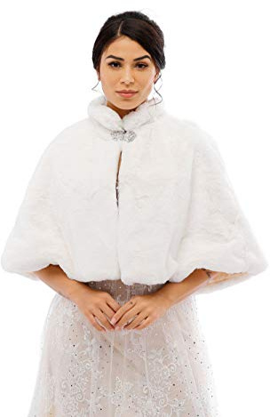 Jovono Donna Pelliccia Faux Scialle Coprispalle Giacca Sciarpa Wrap Cape Perfetto per Matrimonio Partito Spettacolo con spilla libera (Bianco)