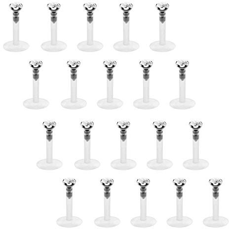 FECTAS 20 Stück 16 Gauge klarer Lippenstecker, flexibel, Piercing, Ohrpiercing, Labret, Piercing, Schmuck, 6/8/10 mm, Kunststoff, Kristall