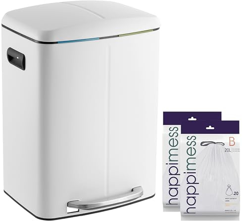 happimess HPM1005C Cubo de basura abierto doble con paso de cierre suave, pedal de acero duradero para el hogar, oficina, cubo de basura de cocina, 10.5 galones, blanco