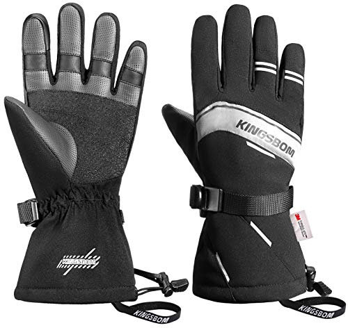 KINGSBOM Wasserdicht Ski- und Schnee-Handschuhe, 3M Thinsulate Winter Warm Touchscreen Snowboard Handschuhe für Herren & Damen - Schwarz(L)