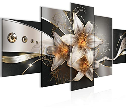 Runa Art Bild Wohnzimmer Schlafzimmer Blumen Lilien 5 Teilig Abstrakt Gelb Gold Wandbilder auf Vlies Leinwand 039653a