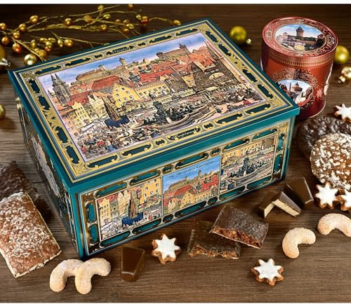 LEBKUCHEN WELT Nürnberg Truhe Gefüllt mit Lebkuchen ca. 1500g Gebäckmischung Lebkuchen-Truhe Metalltruhe Geschenkbox Weihnachtsmischung Geschenk Schatulle