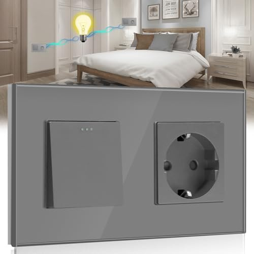 BSEED Lichtschalter Mit Steckdose 1 Fach 2 Wege - 10A Kristall Glas Platte Wandschalter Mit 16A Schuko Steckdose Grau - Physische Unterputz Wechselschalter 157mm